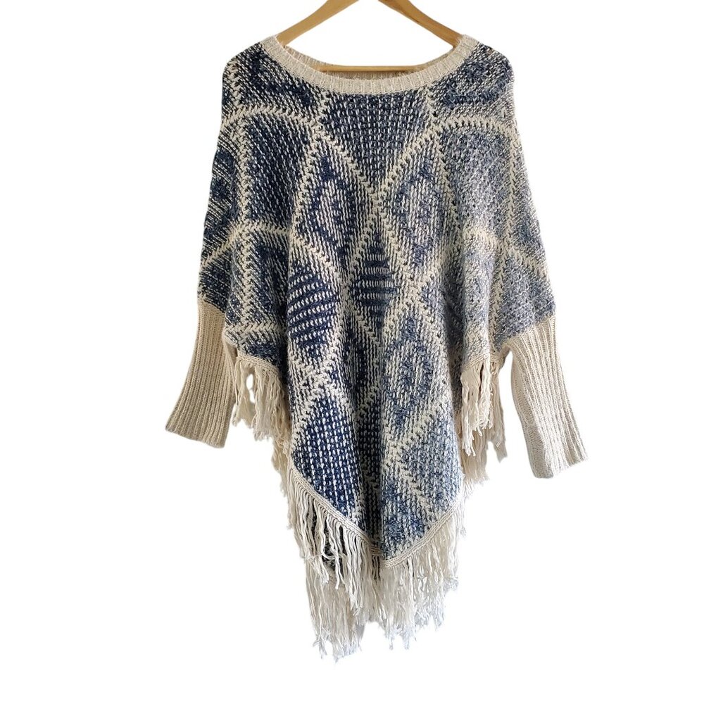 Blue & Cream Poncho with Sleeves Fringed Hem, Graduating Shades of Blue Size S/M
